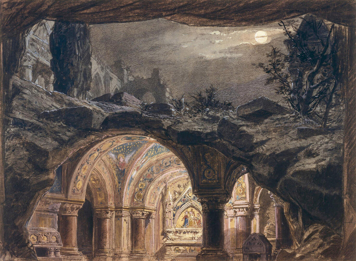 Expo-Ope-ra-3.-Philippe-Chaperon,-Ro-méo-et-Juliette,-espisse-de-décor-de-l'acte-V--crypte-souterraine-1872-Gouache.-Bnf,-Arts-du-spectacle.jpg