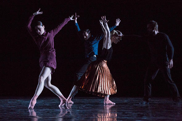 Ayaha Tsunaki, Francesco Pio Ricci, Aidan Gibson and Jón Vallejo in Joseph Hernandez's Ganz leise kommt die Nacht at The Joyce Theater. Photo © Yi-Chun Wu